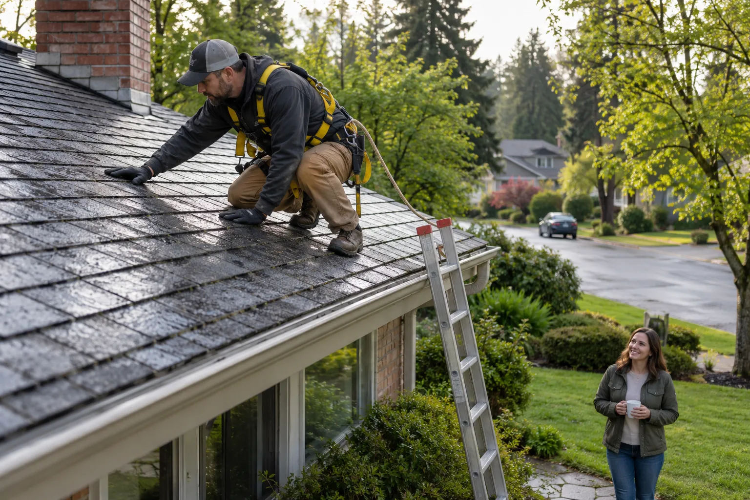 Roofing provider inspecting shingles on a home near Milwaukee while a homeowner looks on from the lawn